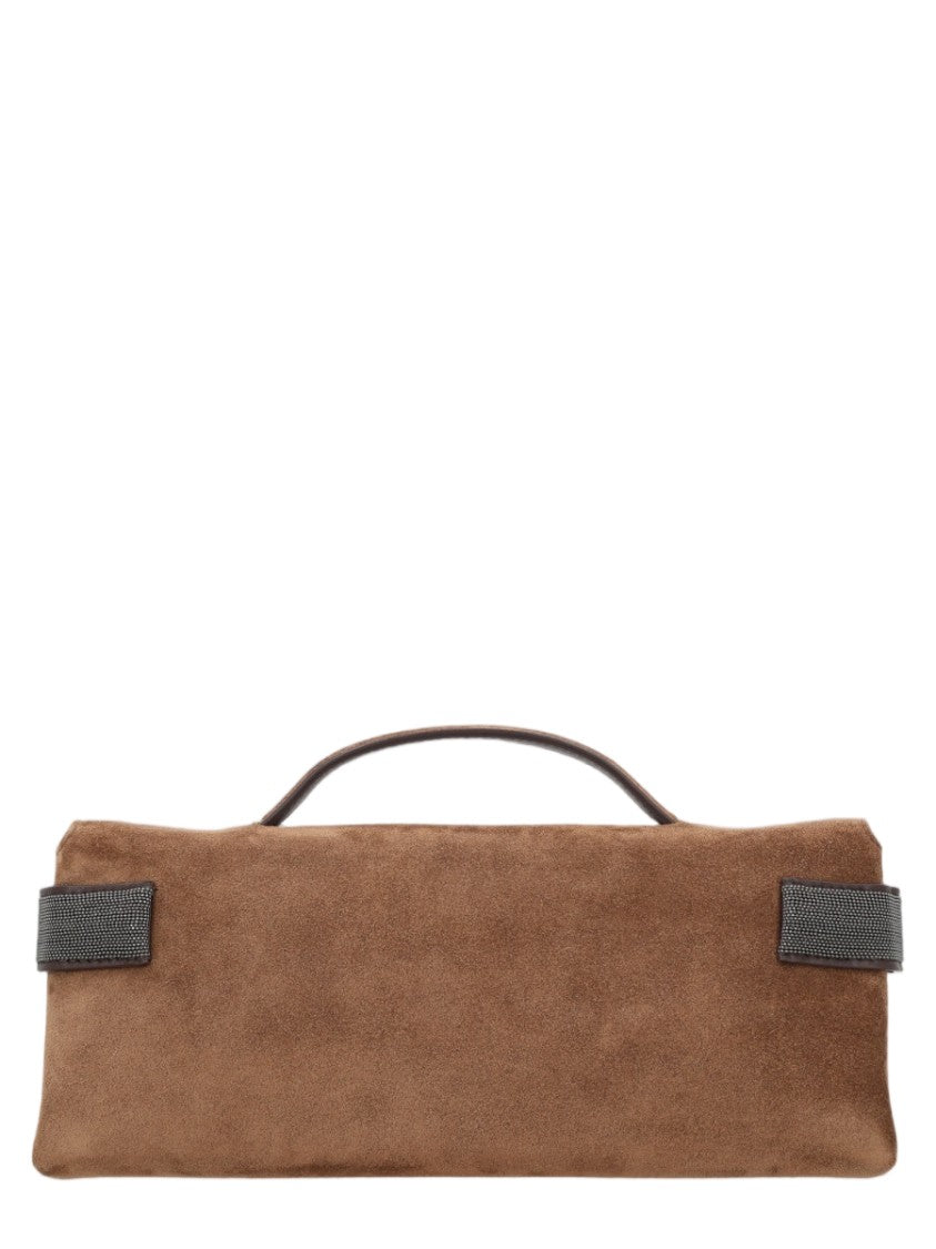 Brunello Cucinelli Suede Leather Clutch With Fold-Over Flap Closure