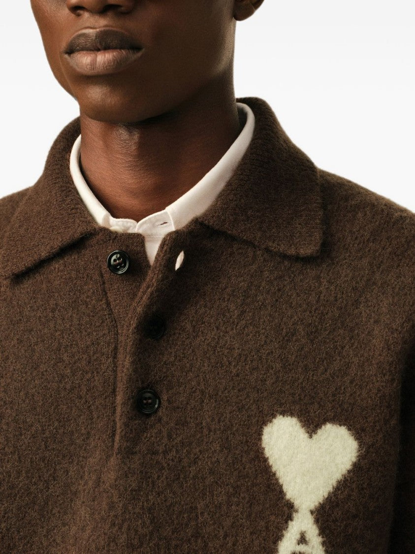 Ami Paris Textured Knit Sweater With Polo Collar