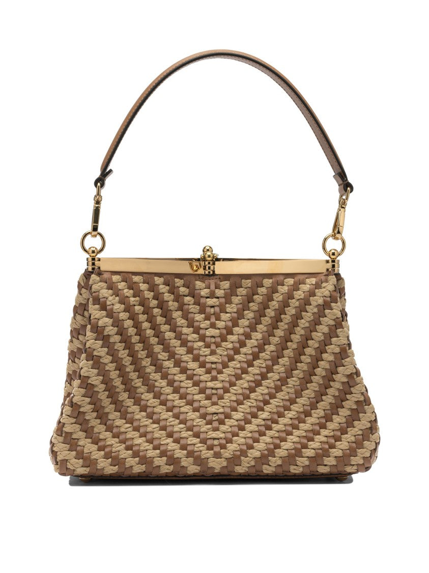 Etro Trapezoidal Woven Raffia And Leather Shoulder Bag