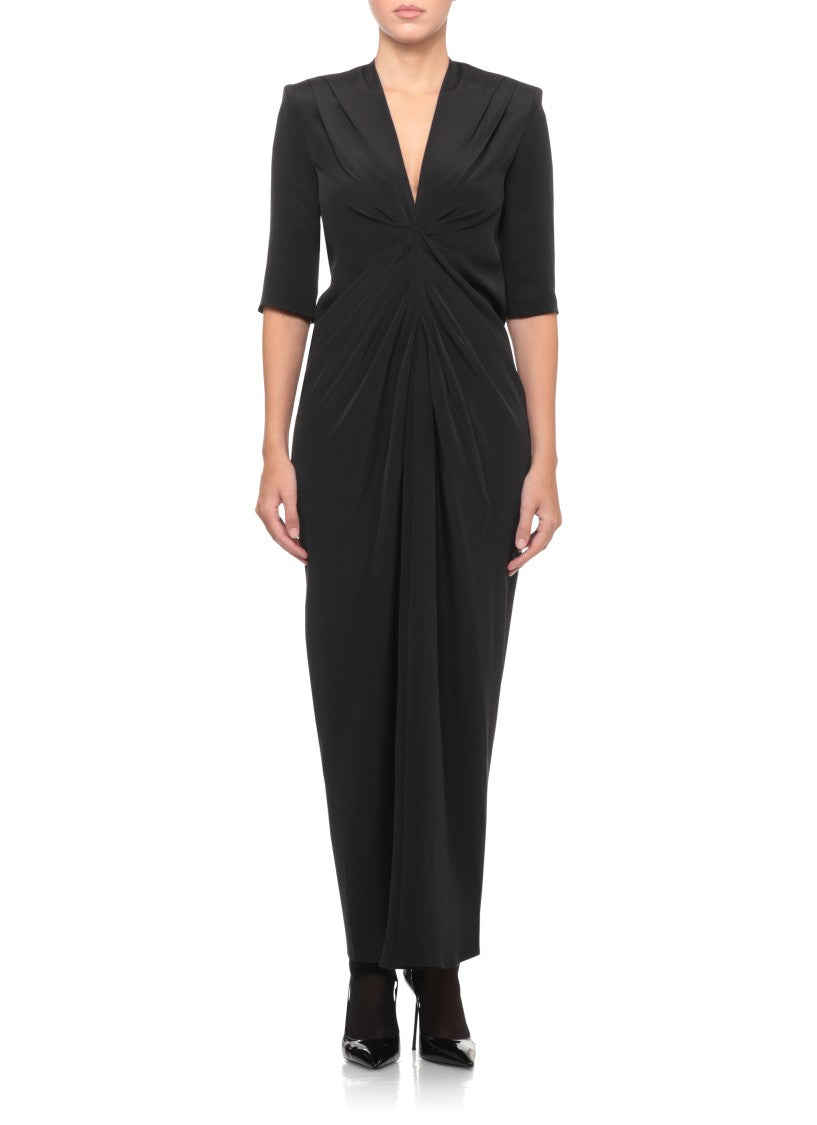 Loulou De Saison Black Padded Shoulders Front Slit Silk Maxi Dress