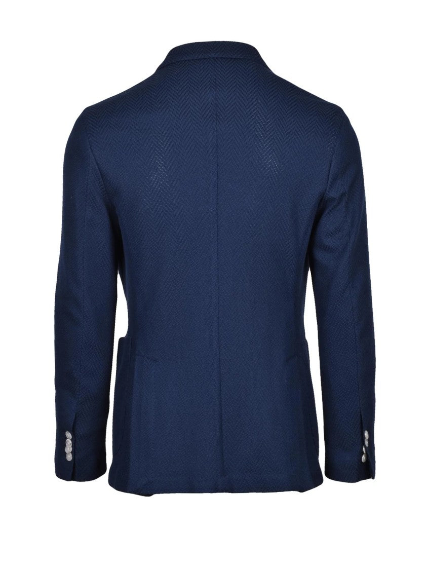 Barba Napoli Blue Double-Breasted Herringbone Cotton Blazer