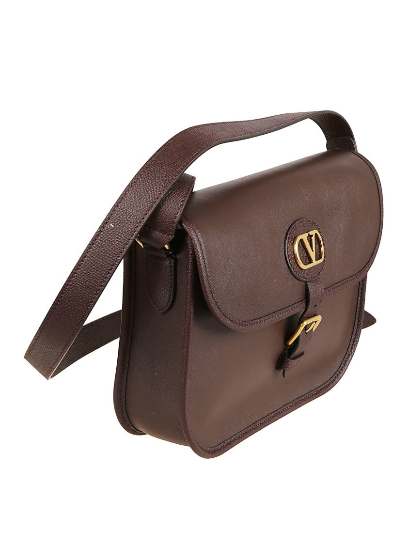Valentino Garavani Structured Brown Calf Leather Crossbody Bag With Vlogo Detail