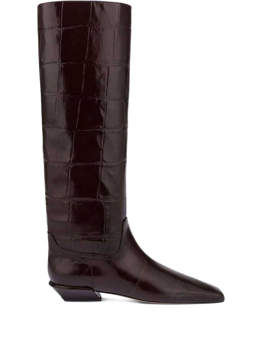 Paris Texas Crocodile-Embossed Brown Calf Leather Ankle Boots
