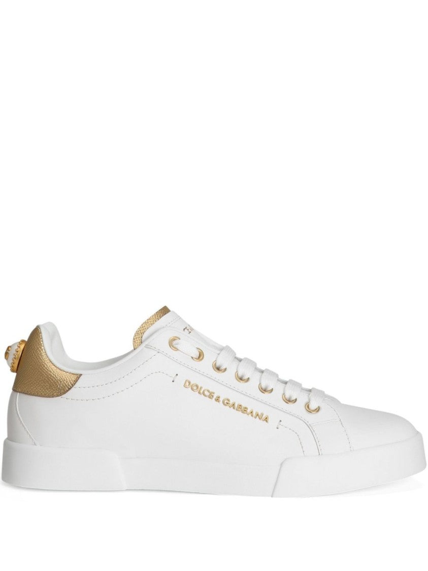 Dolce & Gabbana White Leather Sneakers With Gold Accents