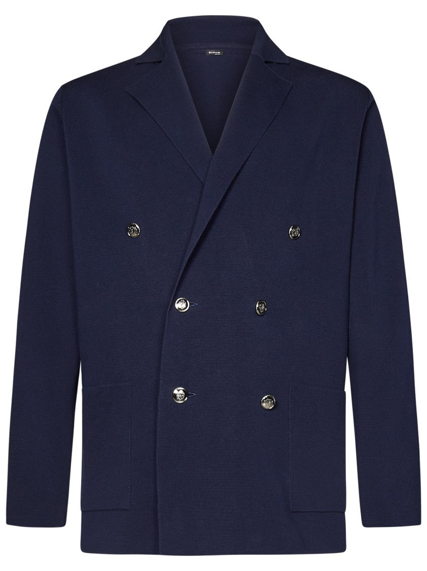 Kiton Navy Cotton Double-Breasted Blazer With Peak Lapels