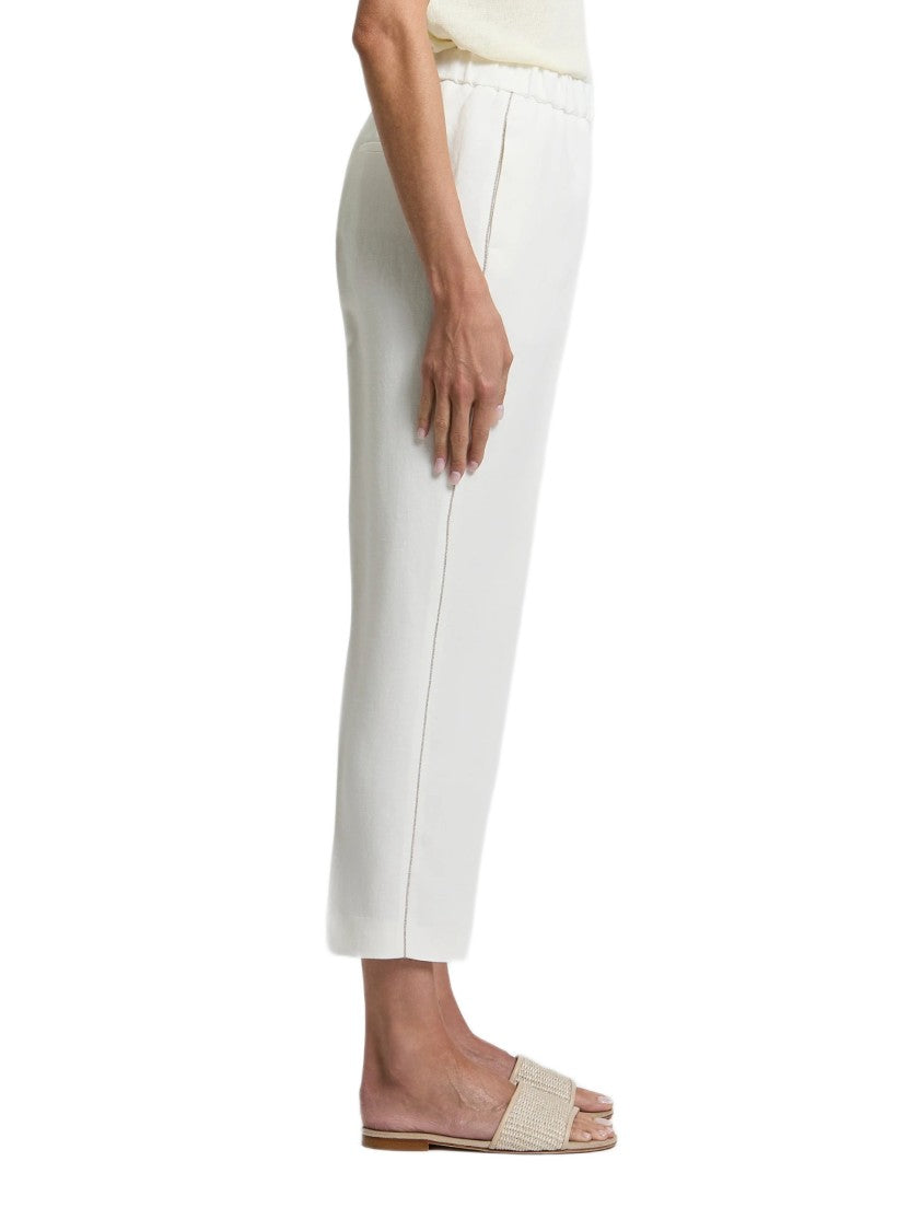 Peserico Straight White Trousers With Elastic Waistband And Subtle Accent
