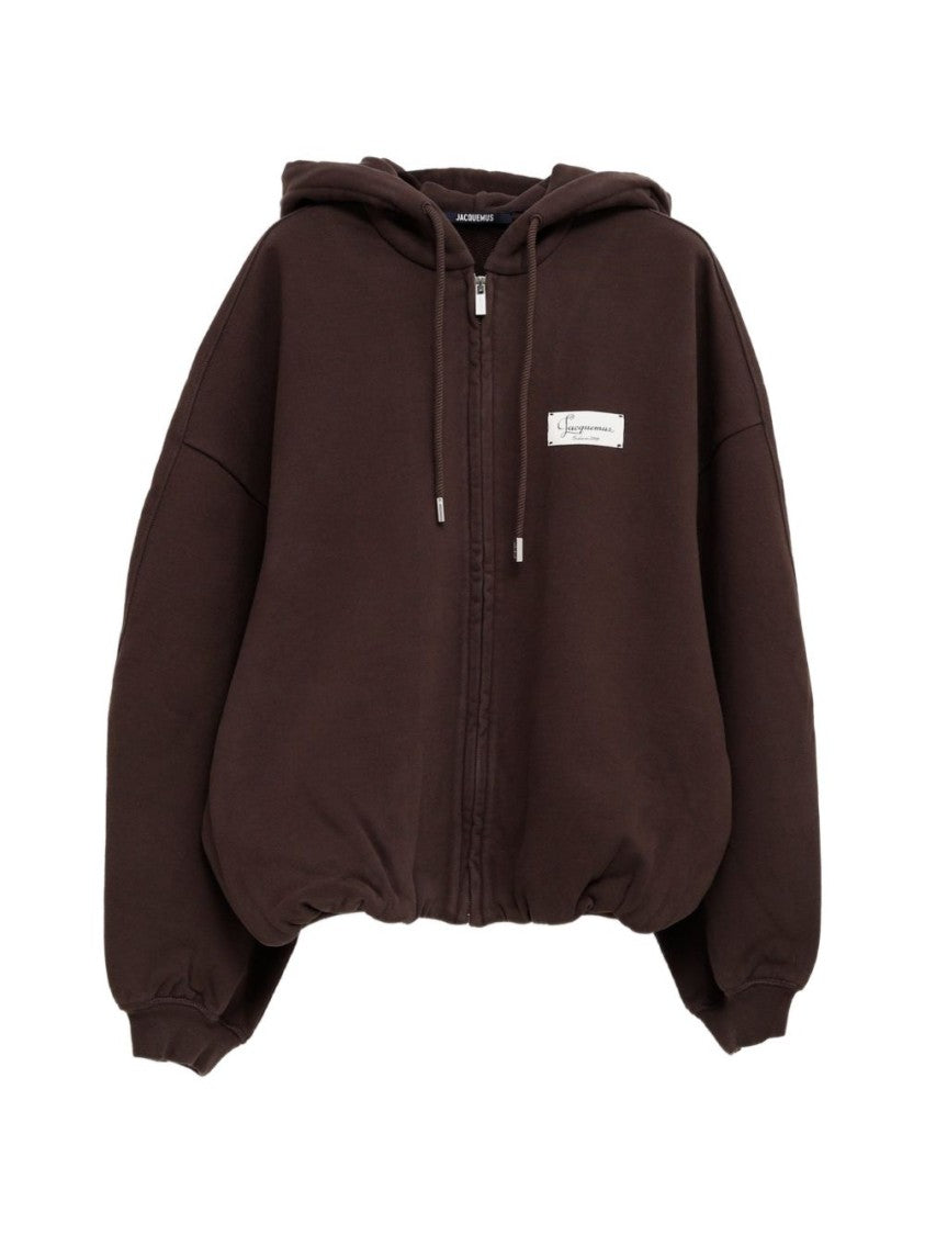 Jacquemus Dark Brown Zip-Up Hoodie With Oversized Fit And Gathered Hem