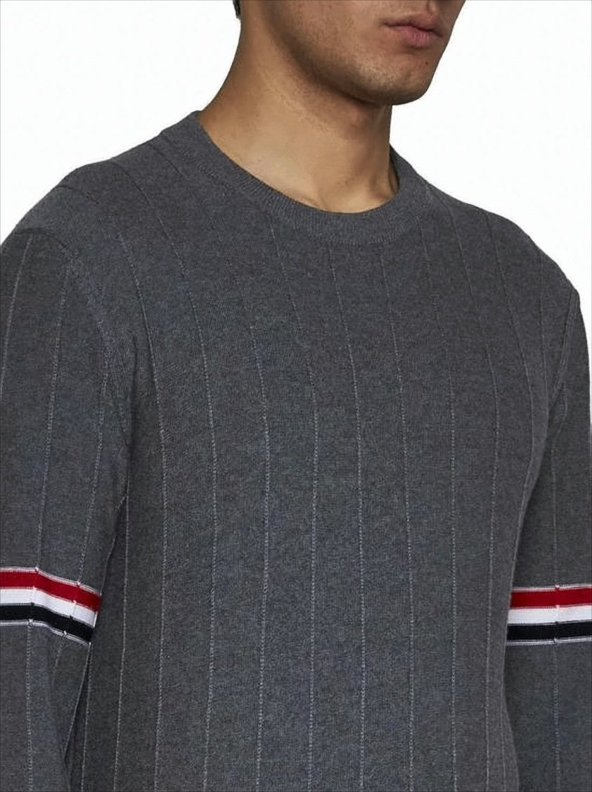 Thom Browne Boxy Grey Wool Sweater With Distinctive Horizontal Stripes