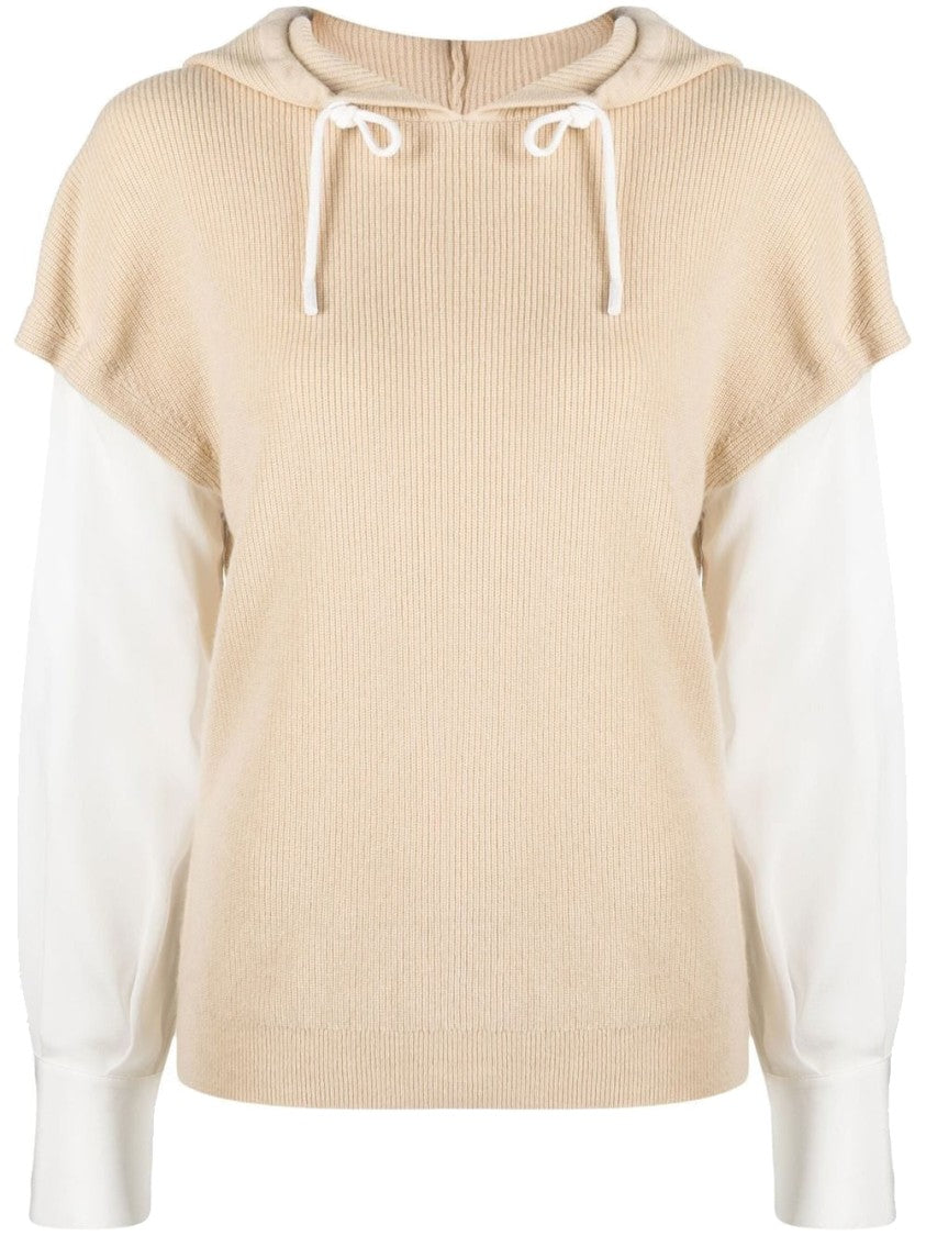 Max&Moi Beige Cashmere Hoodie With Layered Long Sleeves