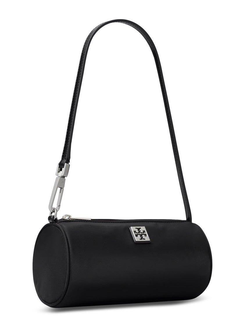 Tory Burch Structured Black Cylinder Bag With Metallic Logo Plaque