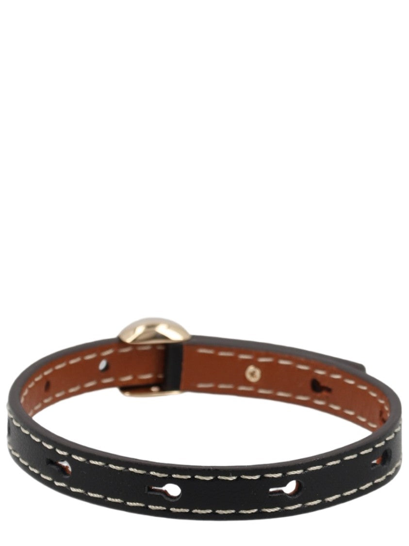 Tory Burch Slim Black Leather Gold-Tone Clasp Bracelet