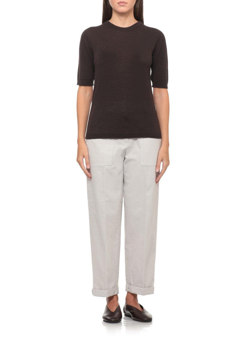 Panicale Brown Round-Neck Elastic Ribbed Cashmere Sweater