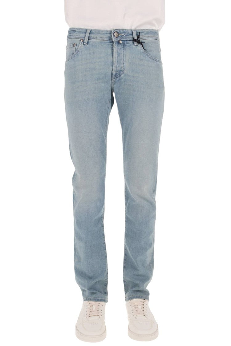 Jacob Cohen Comfort-Fit Light Blue Denim Jeans With Intricate Labeling