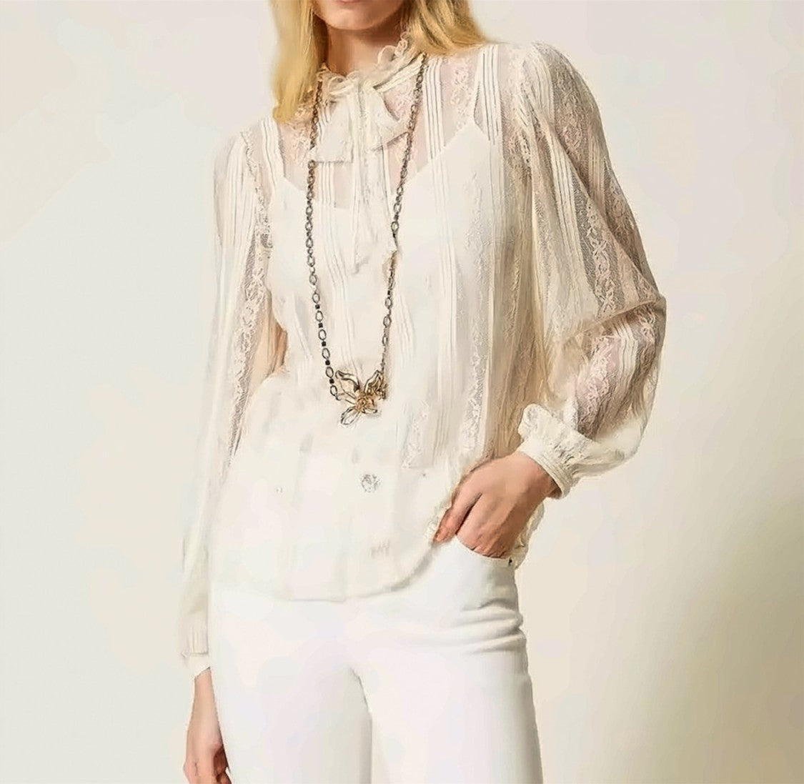 Twin-Set Righeh Lace Ribbon Tie Blouse