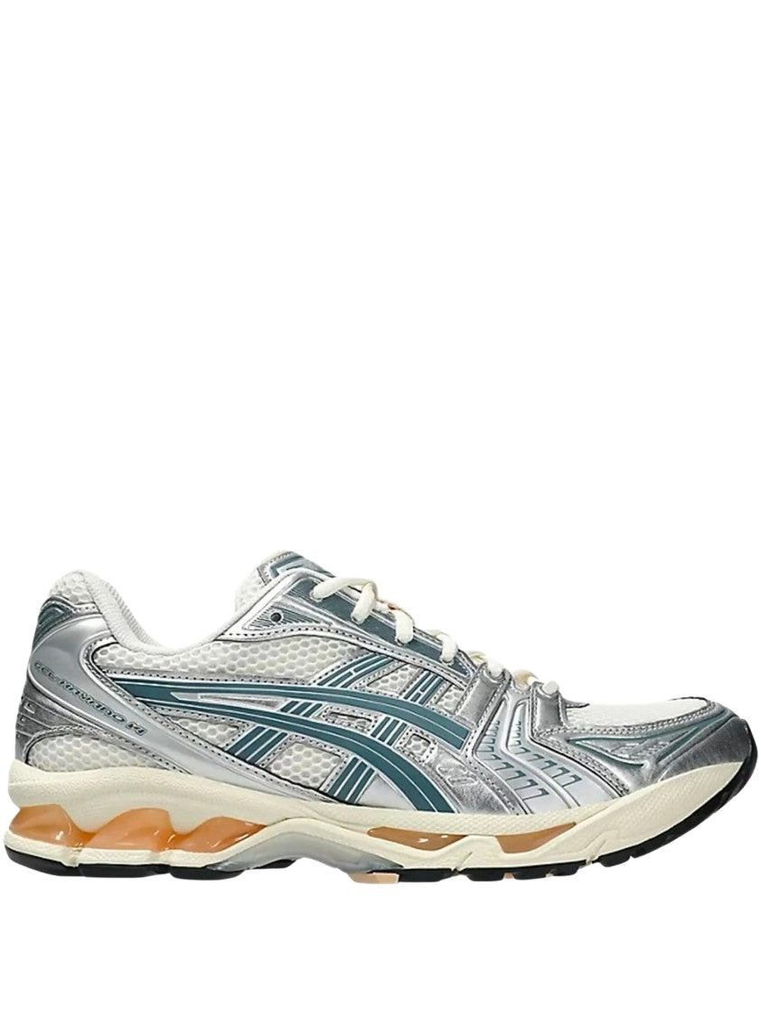 Asics Beige Mesh Sneakers With Metallic Silver Overlays And Teal Accents