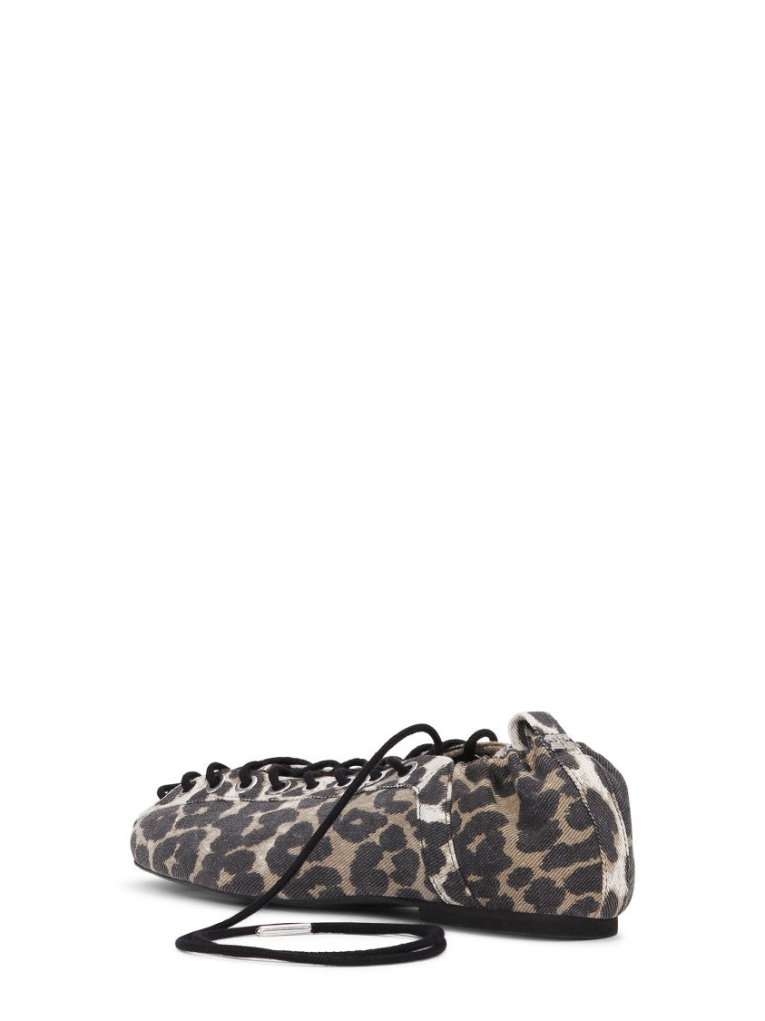 Ganni Denim Print Lace-Up Ballerina Flats With Leopard Pattern