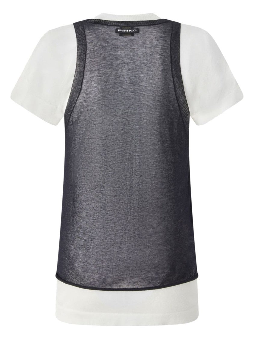 Pinko Layered Black And White T-Shirt With Sheer Overlay