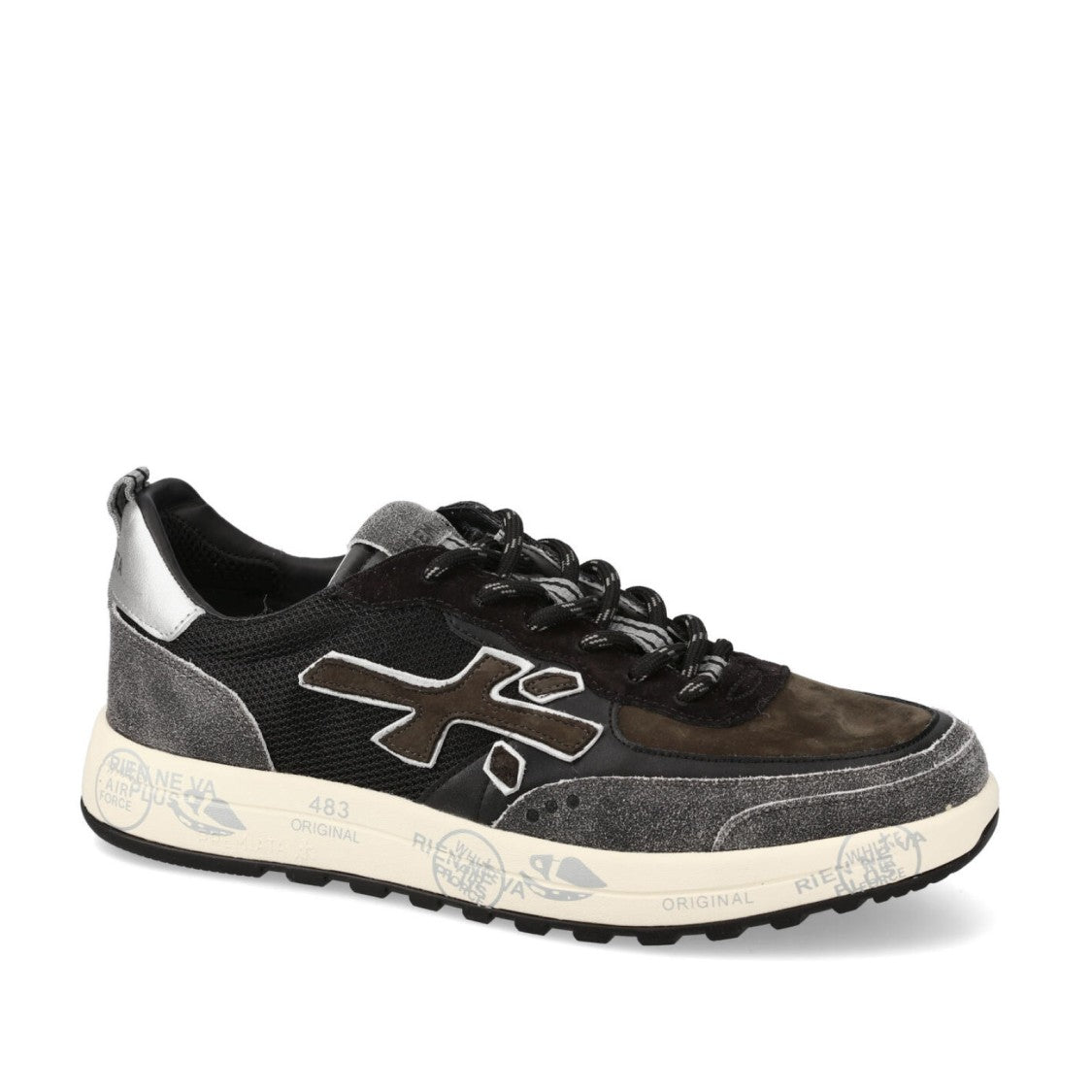 Premiata Nous Sneakers In Grey Crackle-Effect Leather, Brown Nubuck