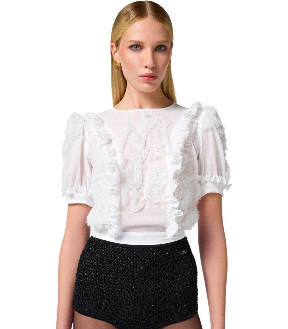 Elisabetta Franchi Ivory Ruffled Top