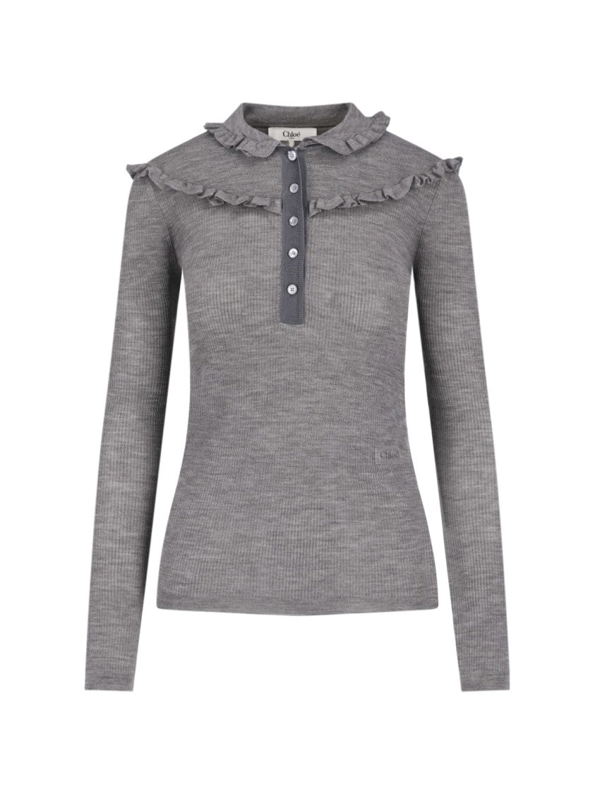Chloé Grey Ribbed Wool Polo Shirt