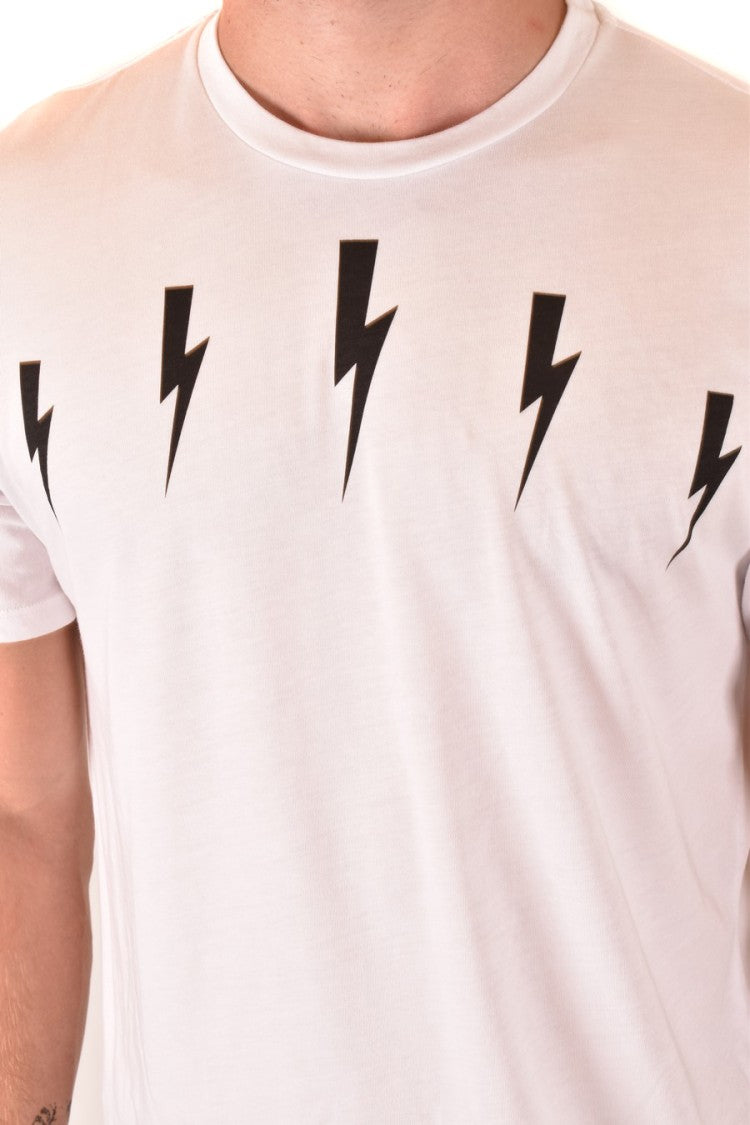 Neil Barrett White T-Shirt With Black Lightning Bolt Motifs