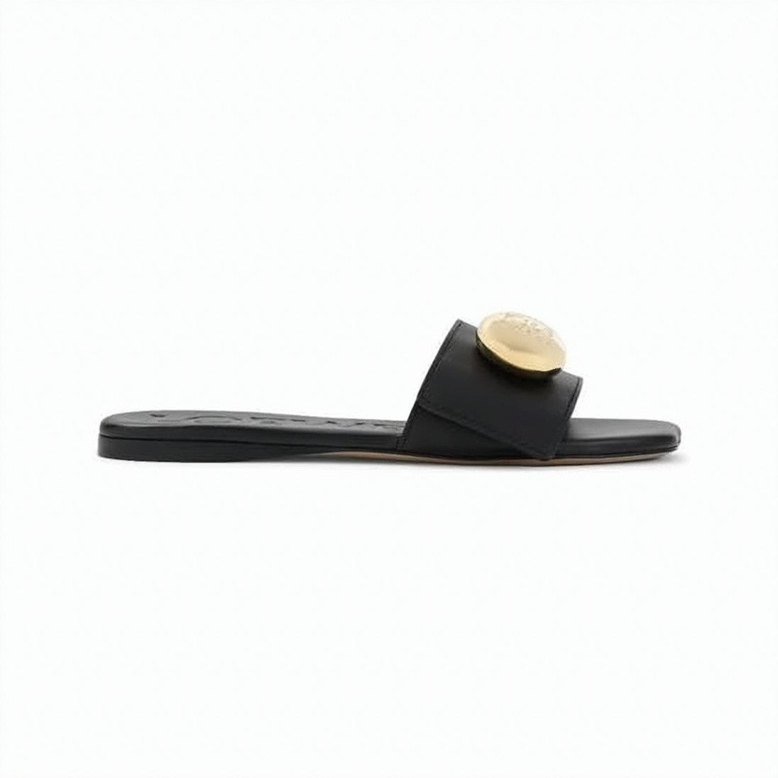Loewe Minimalist Black Slide Sandals With Gold-Tone Medallion