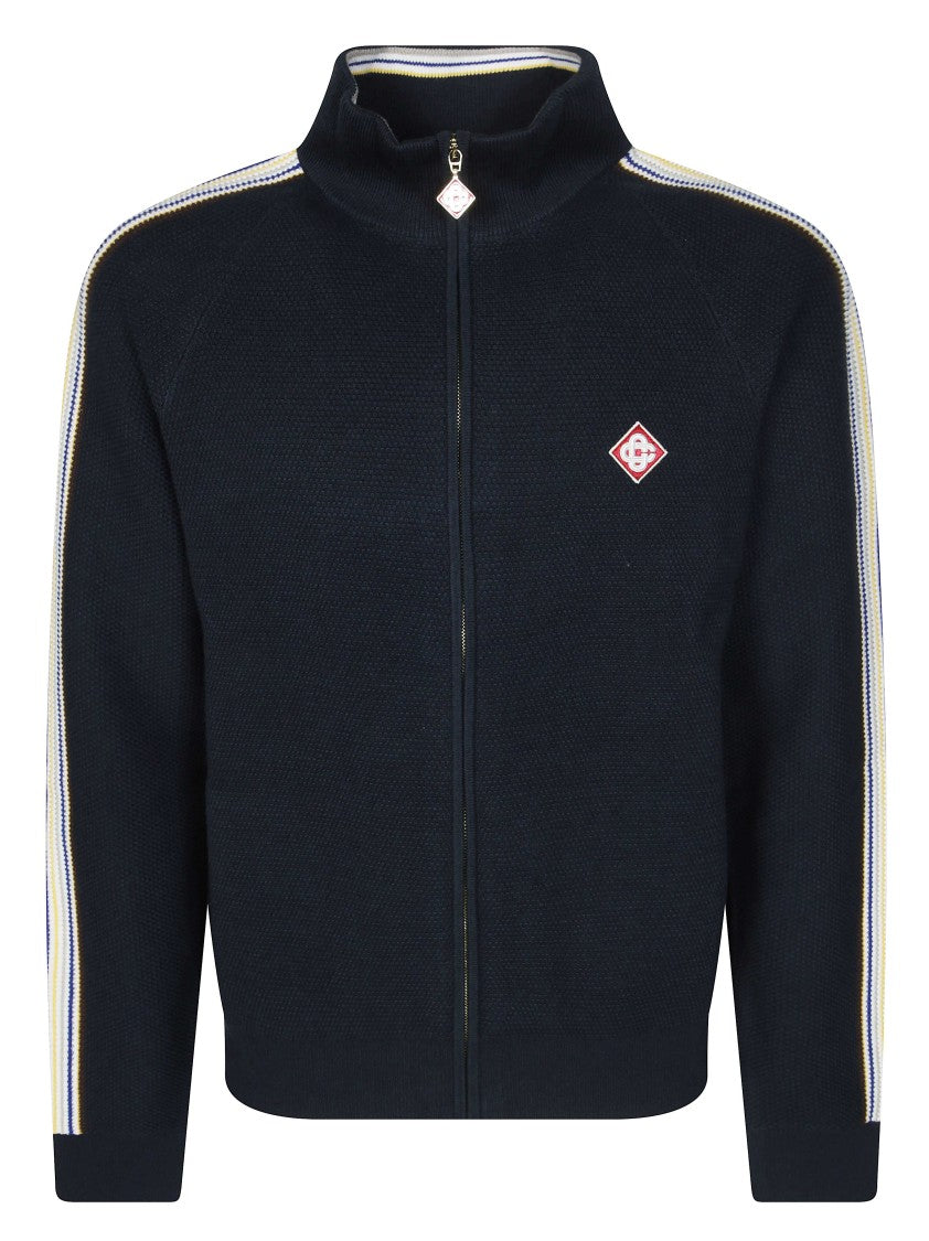 Casablanca Textured Knit Black Track Jacket With High Collar And Striped Detailing