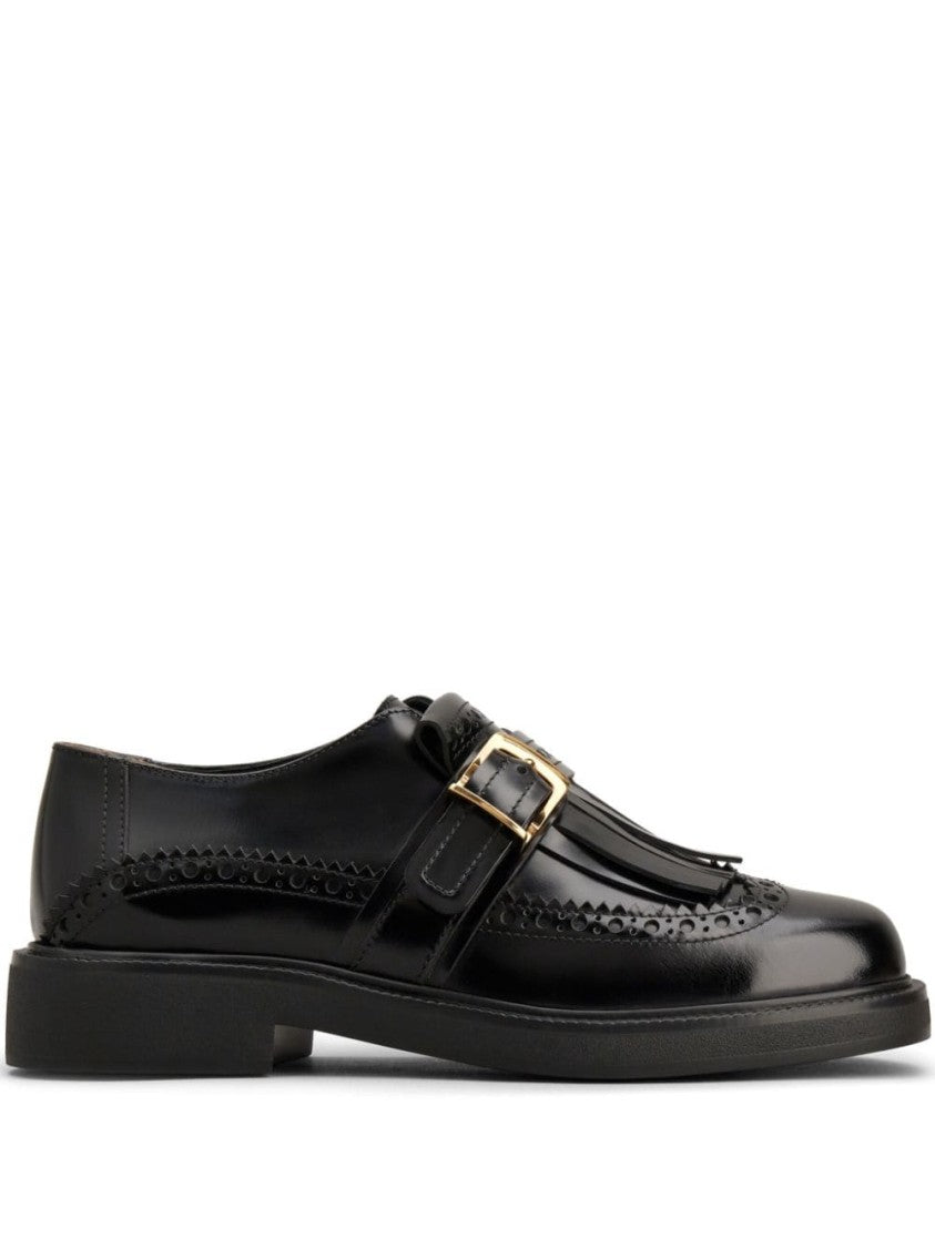 Tod's Elegant Black Shoes With Decorative Buckle And Fringe Detail