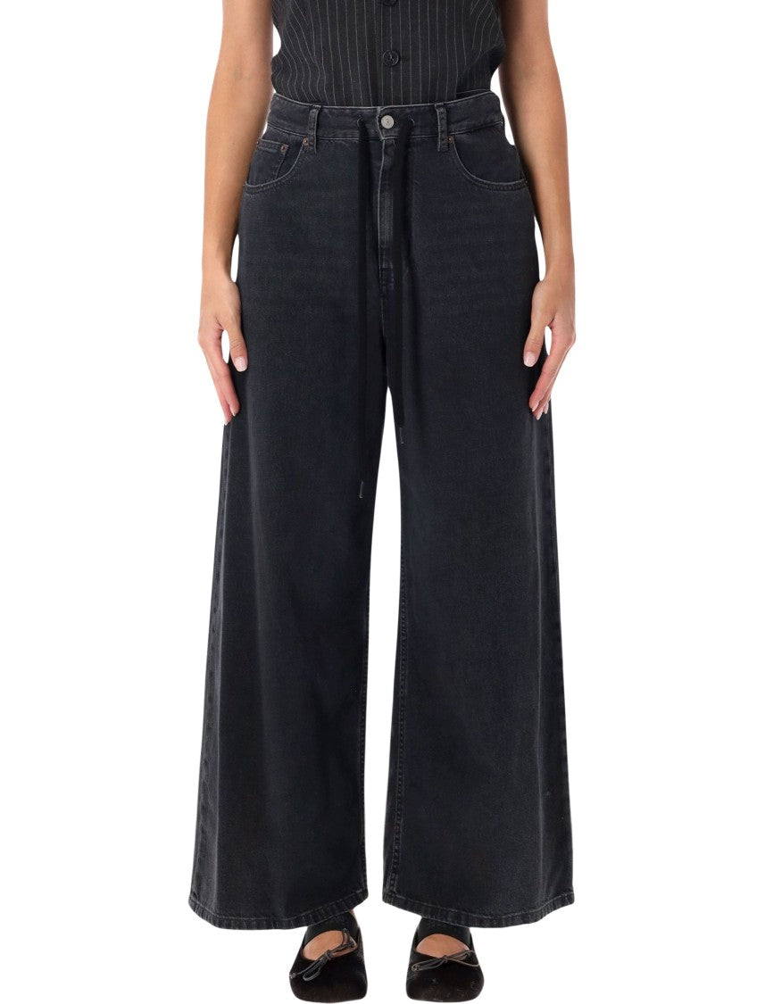 Mm6 By Maison Margiela Wide-Leg Denim Pants With Drawstring Waist And Signature Stitching