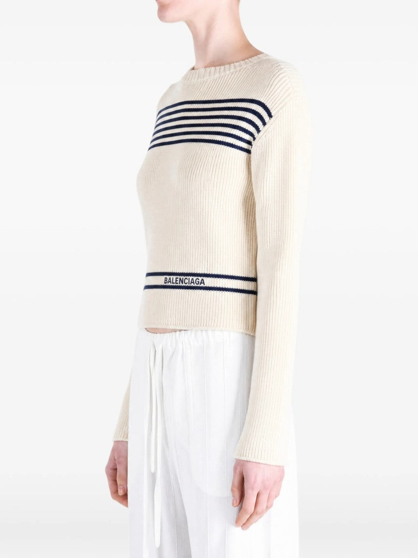 Balenciaga Cropped Boatneck Sweater With Nautical Stripes