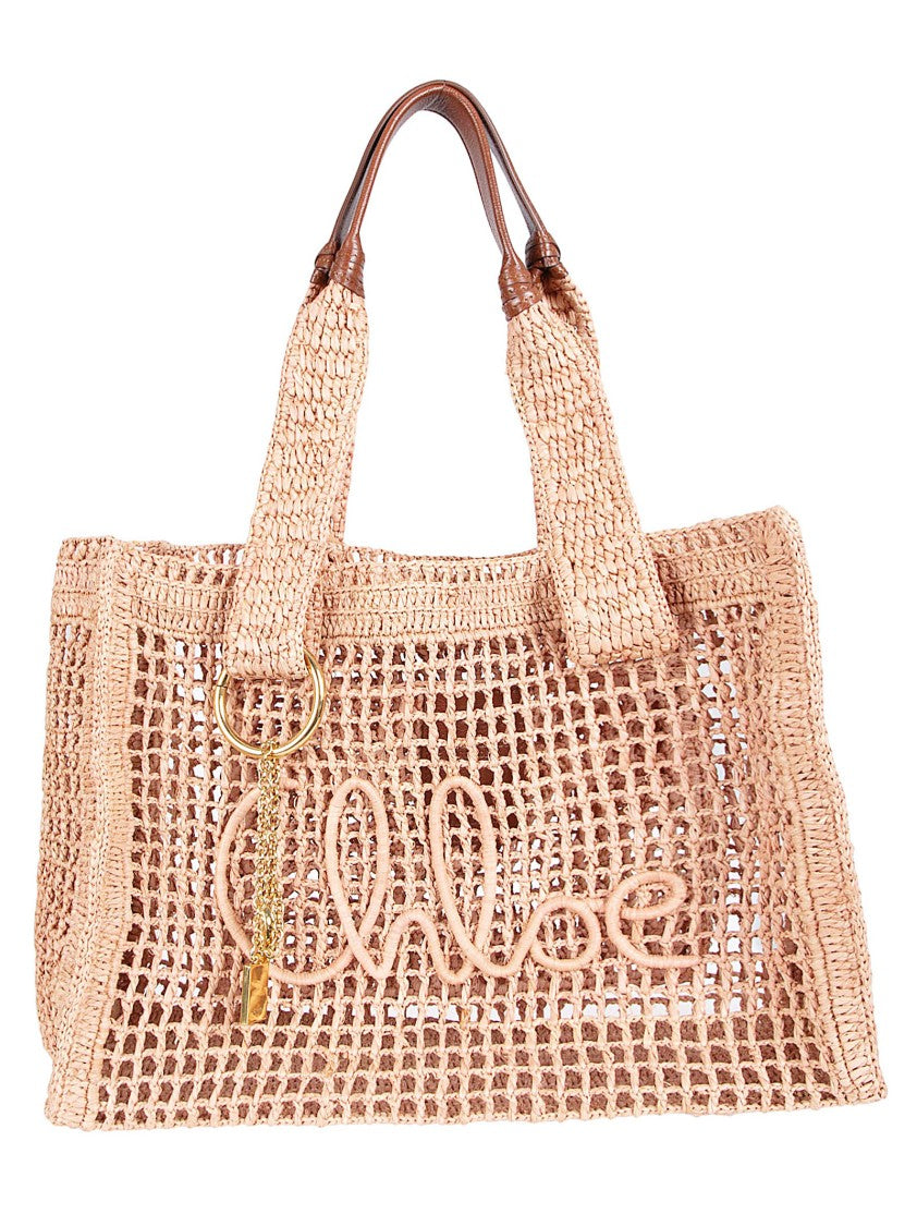 Chloé Grid-Pattern Raffia Tote Bag With Leather Accents