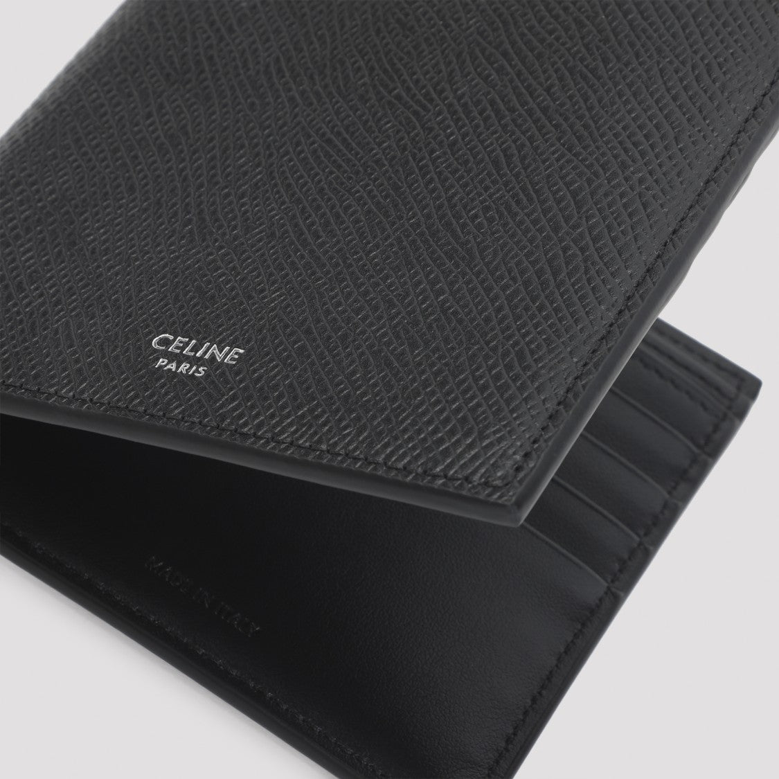 Celine Textured Calf Leather Bi-Fold Wallet With Silver-Tone Logo