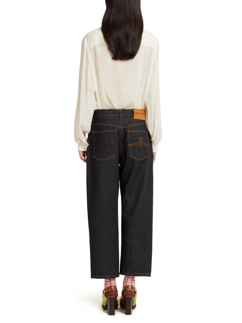 Marni Wide-Leg Black Ovine Leather Trousers With Floral Appliqués