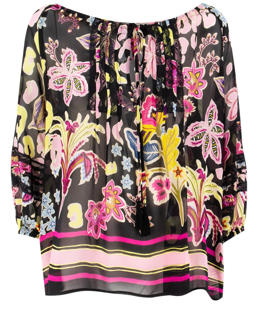 Ermanno Firenze Floral Print Viscose Shirt With Lace Accents