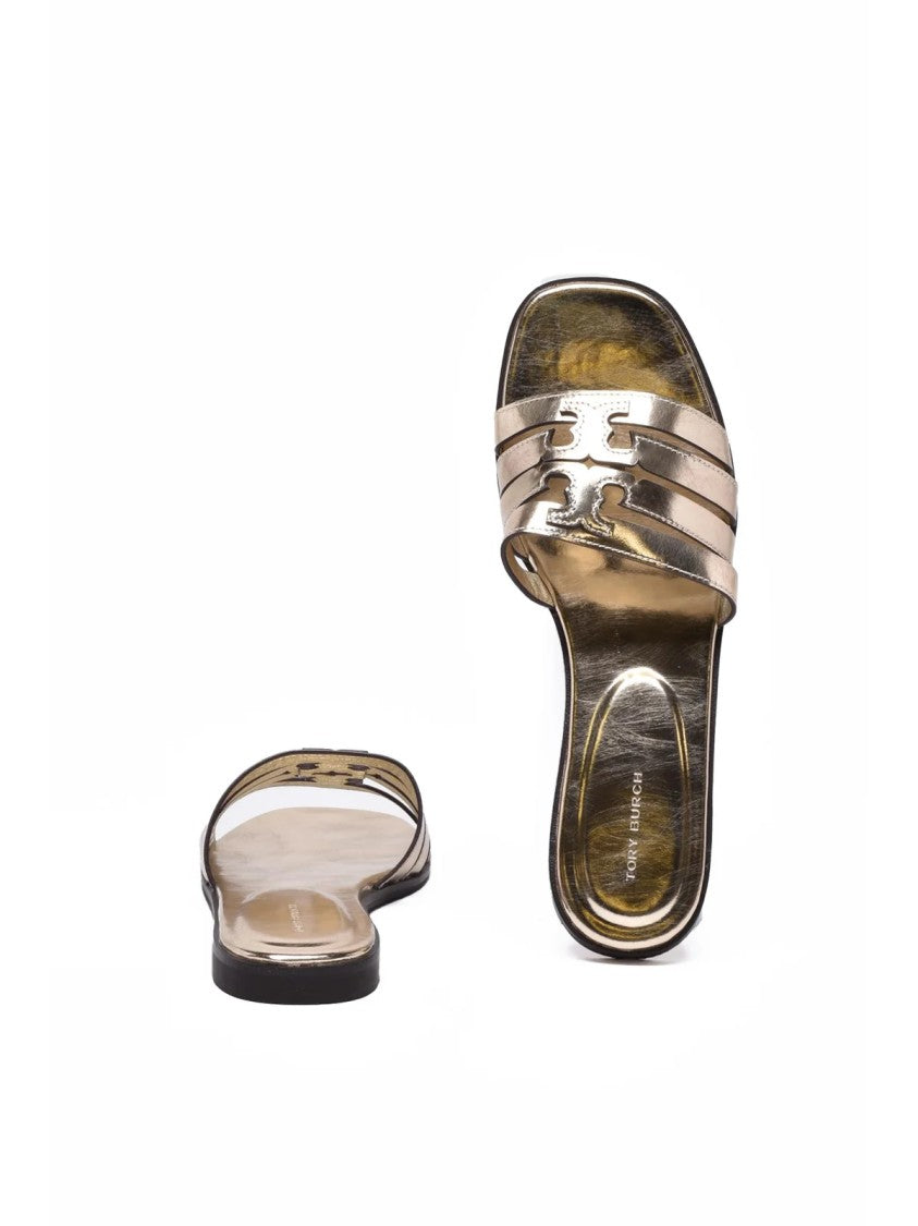 Tory Burch Gold Metallic Ines Cage Leather Slide Sandals