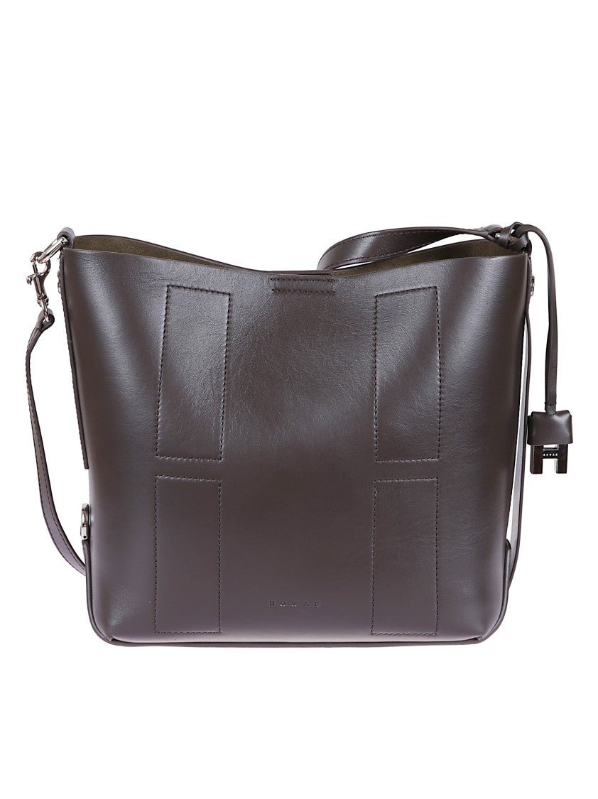 Hogan Dark Brown Leather Hobo Bag With Embossed Logo
