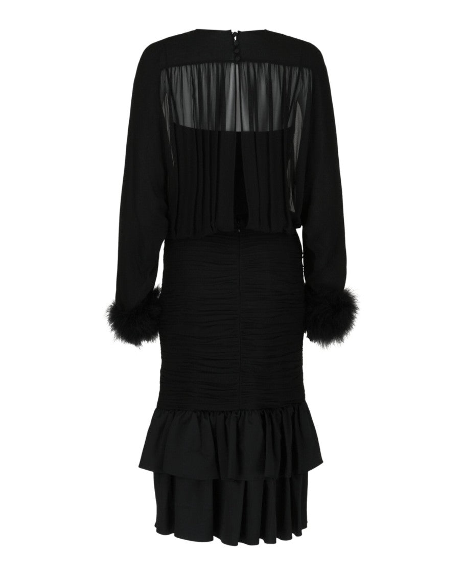 Valentino Ruched Georgette Midi Dress With Feather Cuffs