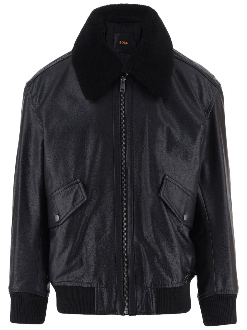 Hugo Boss Black Jopeak Plush Collar Buffalo Leather Jacket