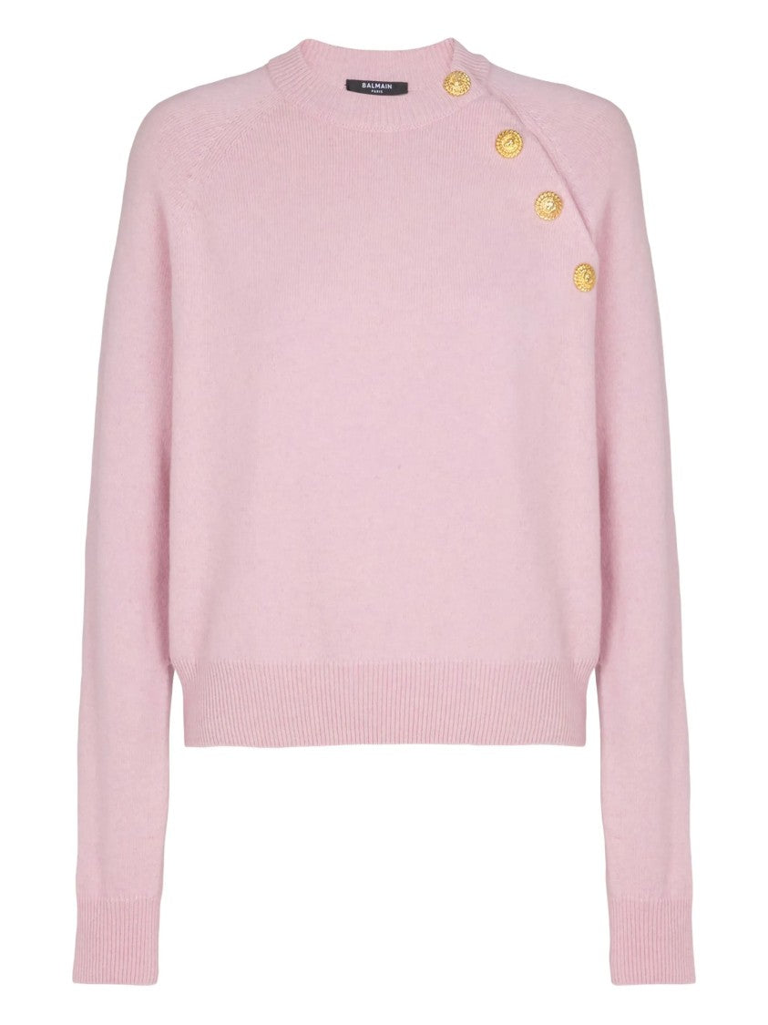 Balmain Cropped Pink Decorative Gold Button Sweater