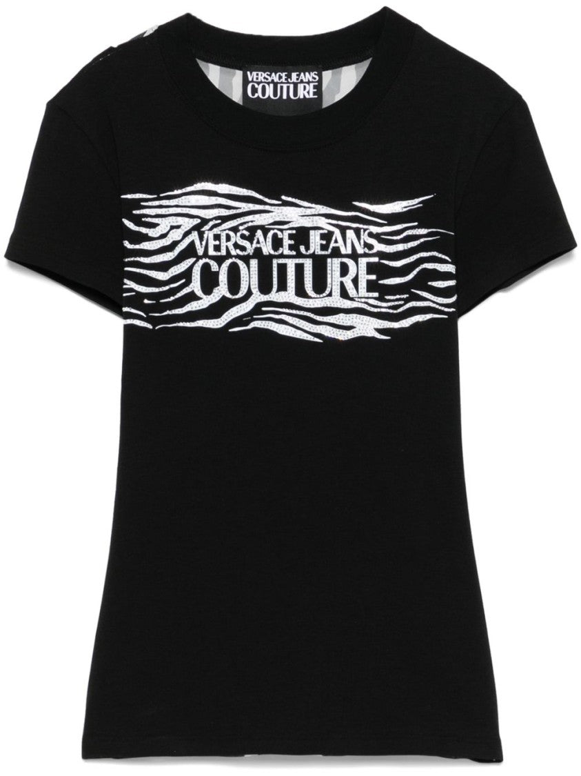 Versace Jeans Couture Black T-Shirt With Zebra Print Sheer Panel