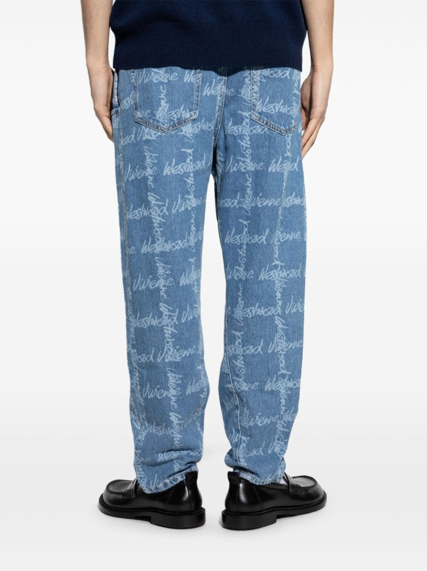 Vivienne Westwood Relaxed Fit Cornflower Blue Jeans With All-Over Logo Print