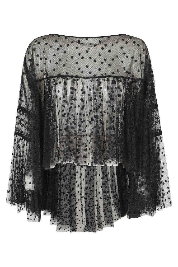 Alberta Ferretti Black Sheer Embroidered Floral Volant Sleeves Polyester Blouse