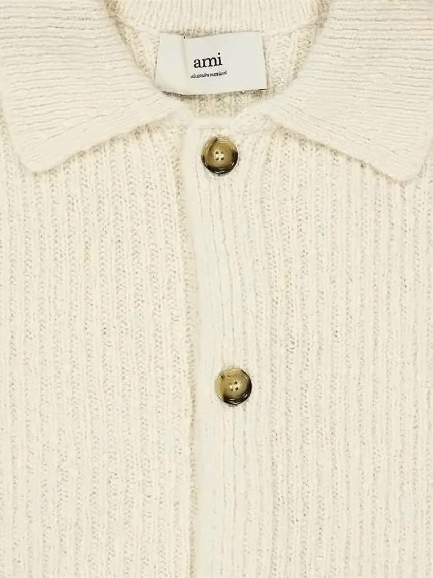 Ami Paris Chunky Ribbed Knit Cardigan With Classic Collar