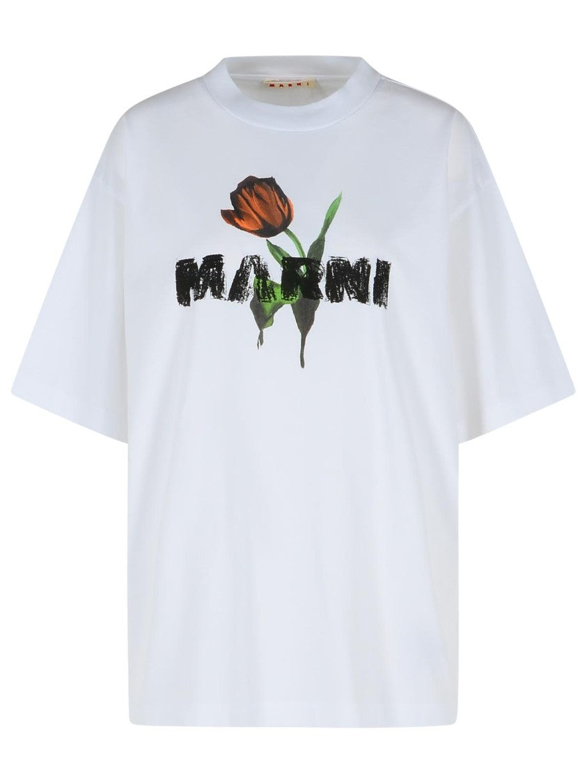 Marni White Cotton T-Shirt With Tulip Print