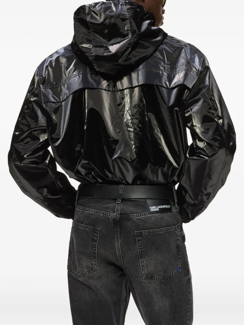Karl Lagerfeld Glossy Black Finish Casual Jacket With Adjustable Hood