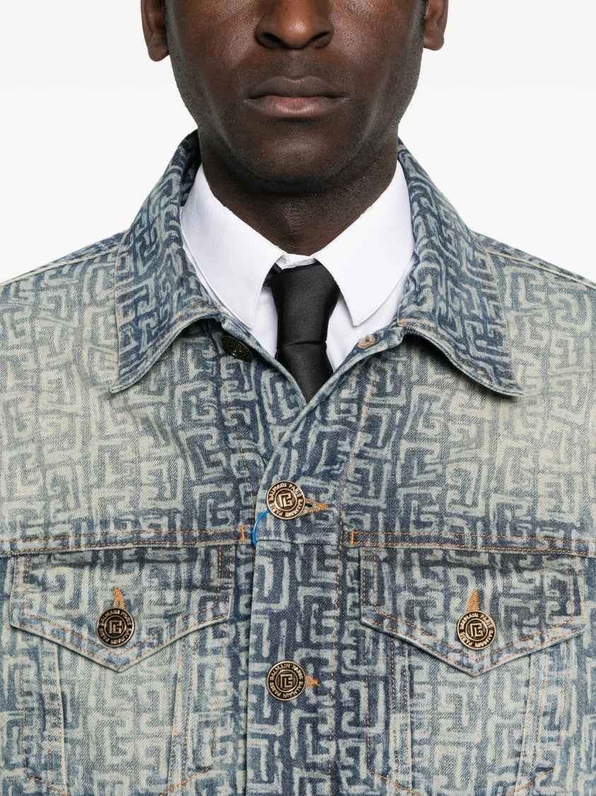 Balmain Faded Blue Monogram Monogram Denim Jacket