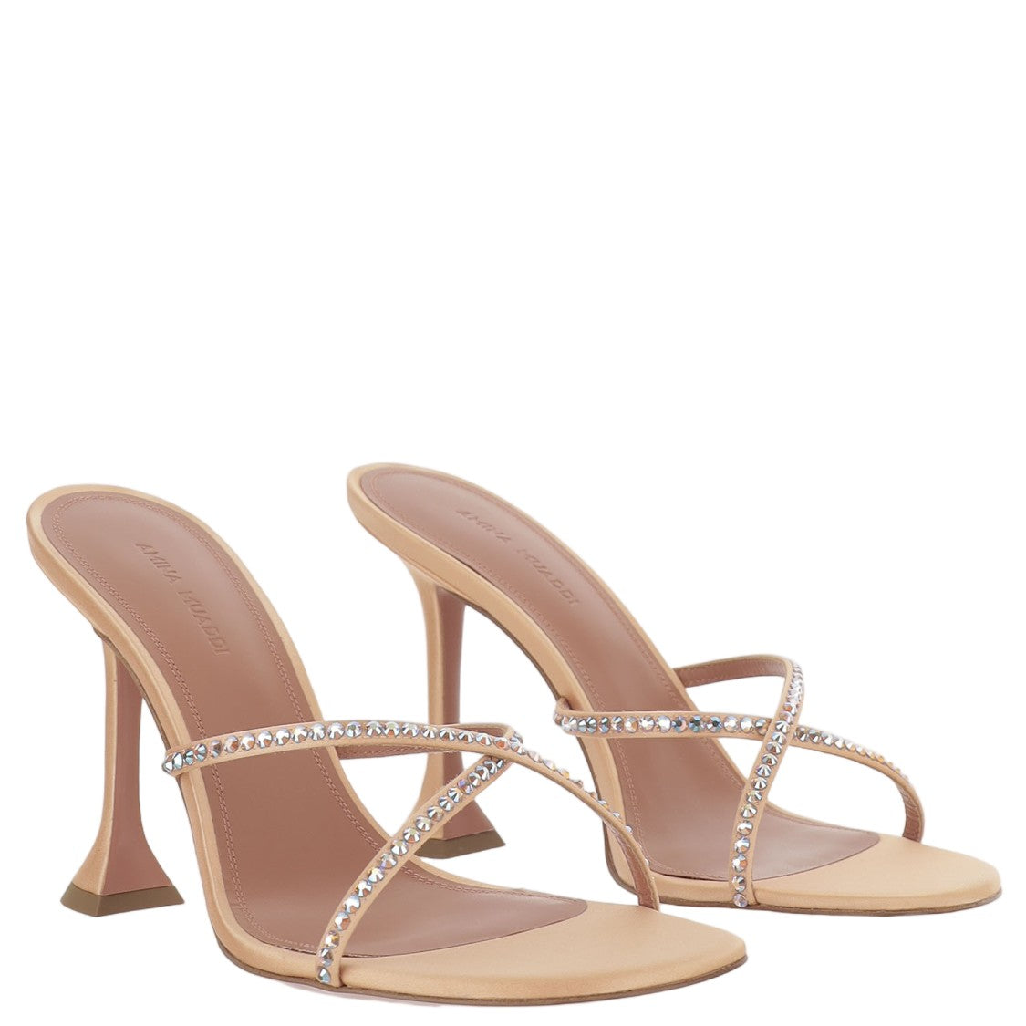 Amina Muaddi Satin Sandals With Crystal Embellishments And Flared Heel