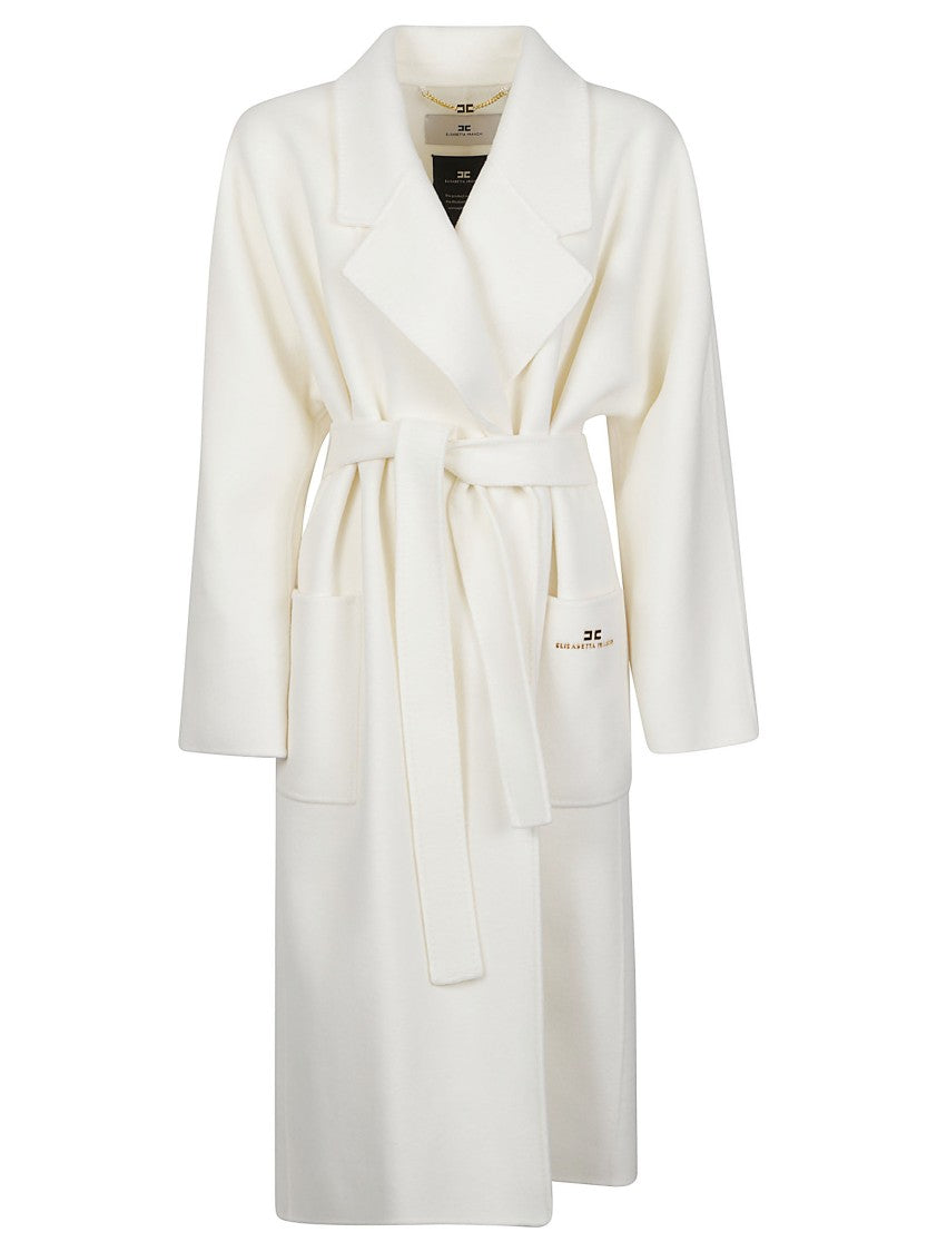 Elisabetta Franchi White Belted Wool Long Coat