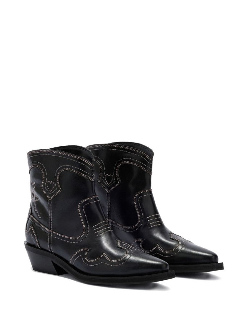 Ganni Pointed Toe Ankle Boots With Western-Inspired Detailing