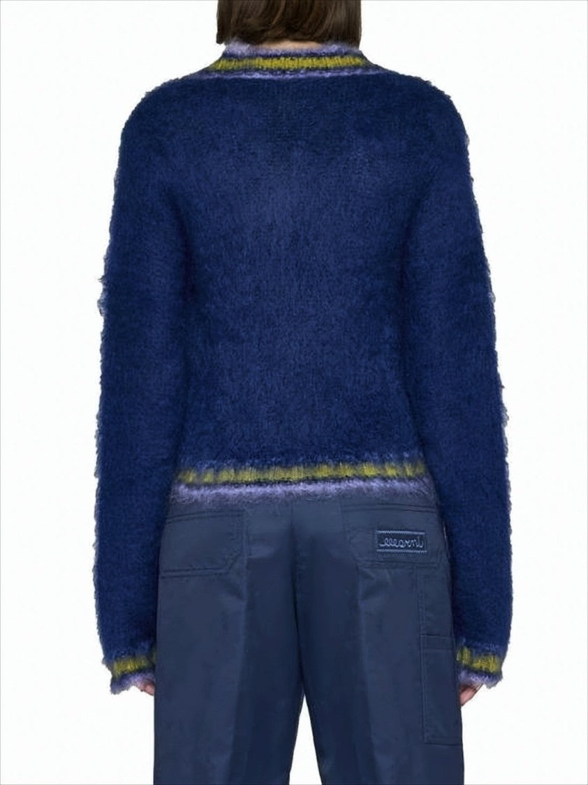 Marni Cropped Fuzzy Sweater With V-Neckline And Contrasting Trim